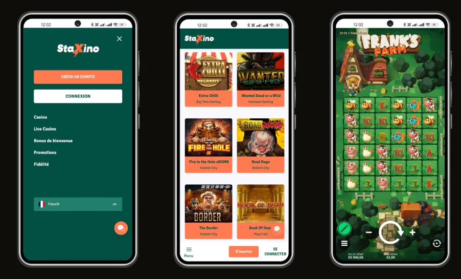 Staxino Casino sur mobile avec accès aux jeux et à l'espace joueur depuis un smartphone