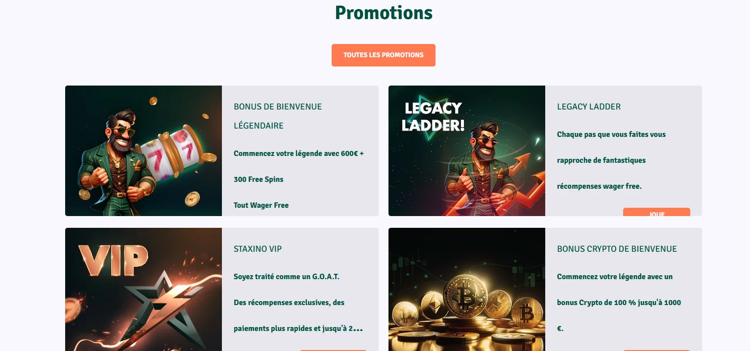 Page des promotions du casino Staxino montrant diverses offres